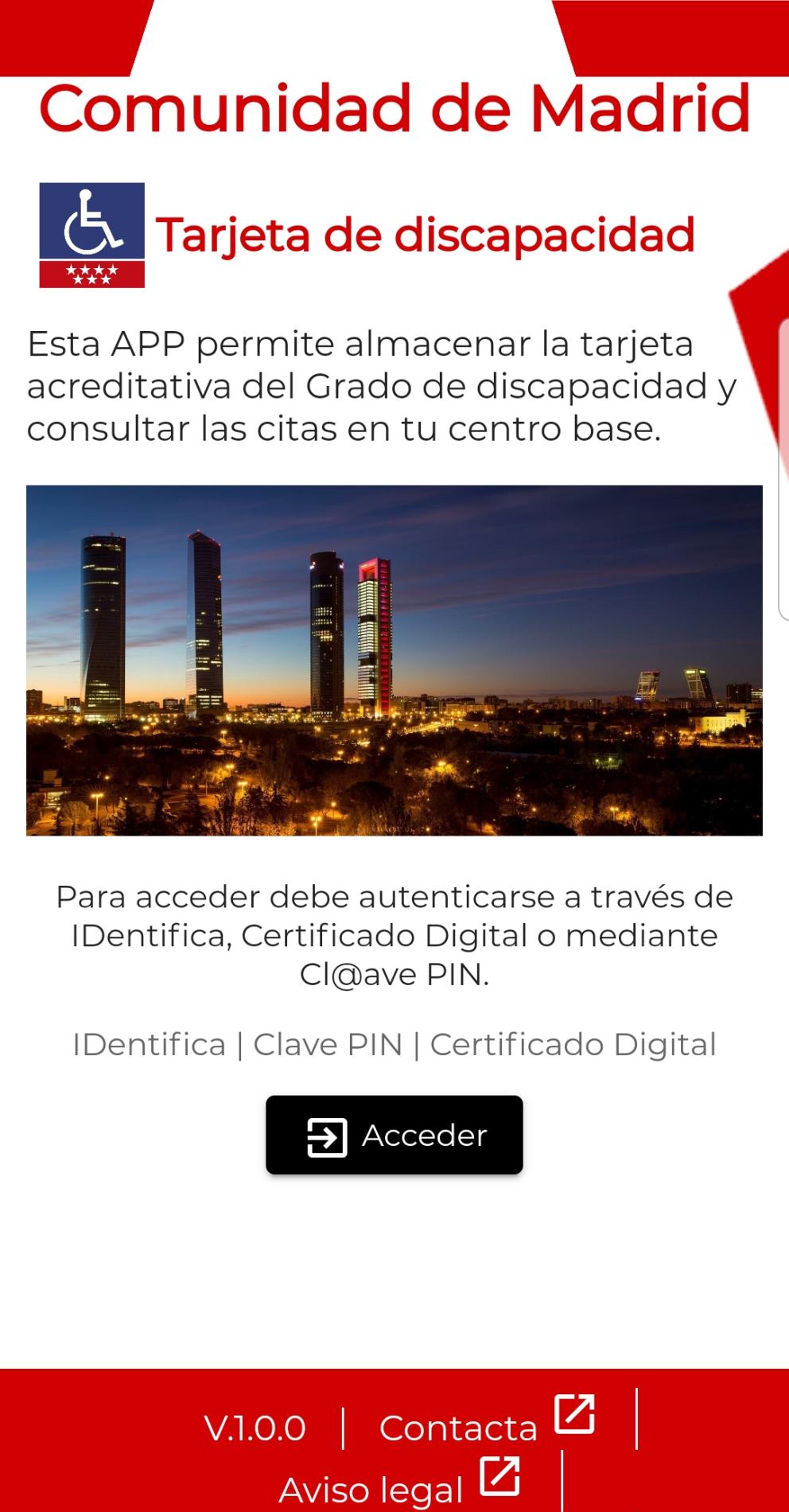 Pantalla de inicio (login) de la App Tarjeta de Discapacidad de la Comunidad de Madrid