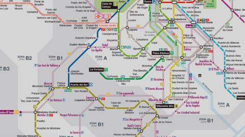 Zonas tarifarias del Abono Transportes Imagen de detalle de un plano esquemático de la red de Metro, Metro Ligero y Cercanías de la Comunidad de Madrid
